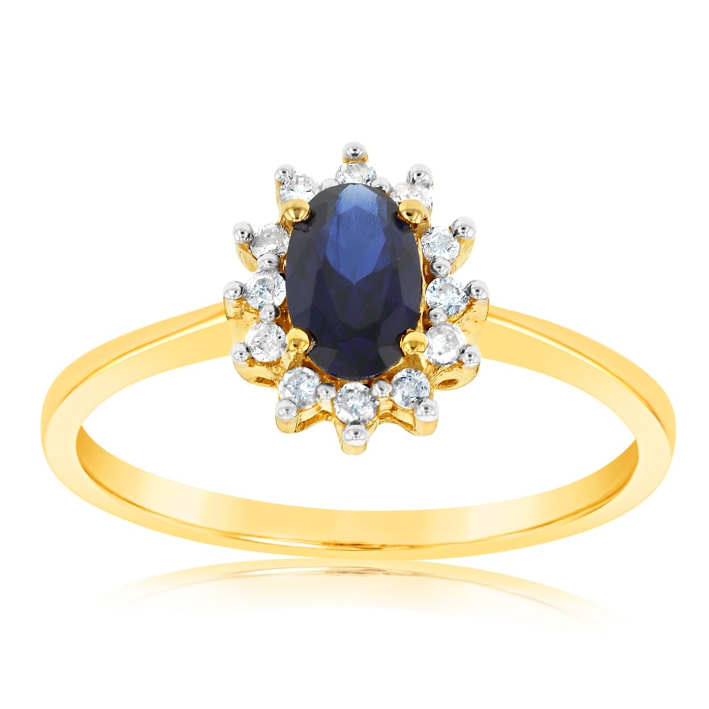 9ct Yellow Gold Diamond And Created Sapphire Ring