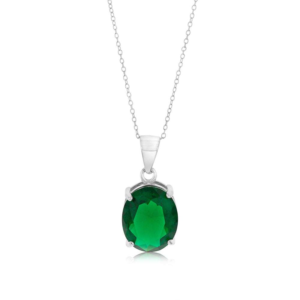 Sterling Silver Oval Created Emerald Pendant