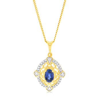 9ct Yellow Gold Oval Created Sapphire And Diamond Pendant