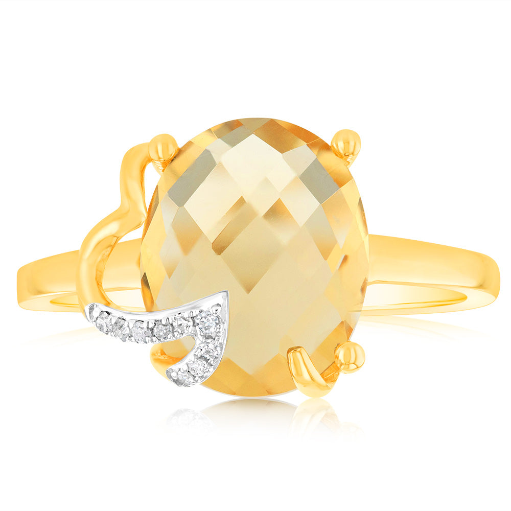 9ct Yellow Gold Natural Citrine And Diamond Ring