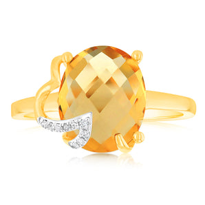 9ct Yellow Gold Natural Citrine And Diamond Ring