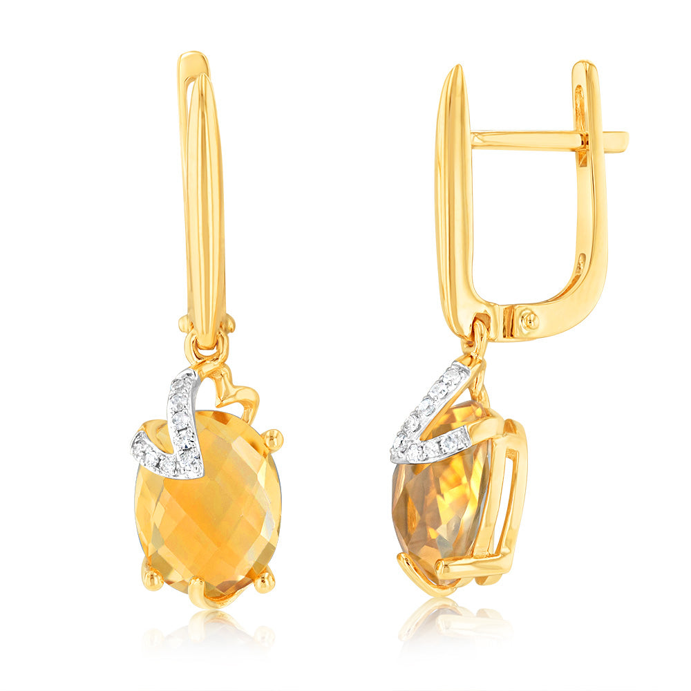 9ct Yellow Gold Natural Citrine And Diamond Drop Earrings