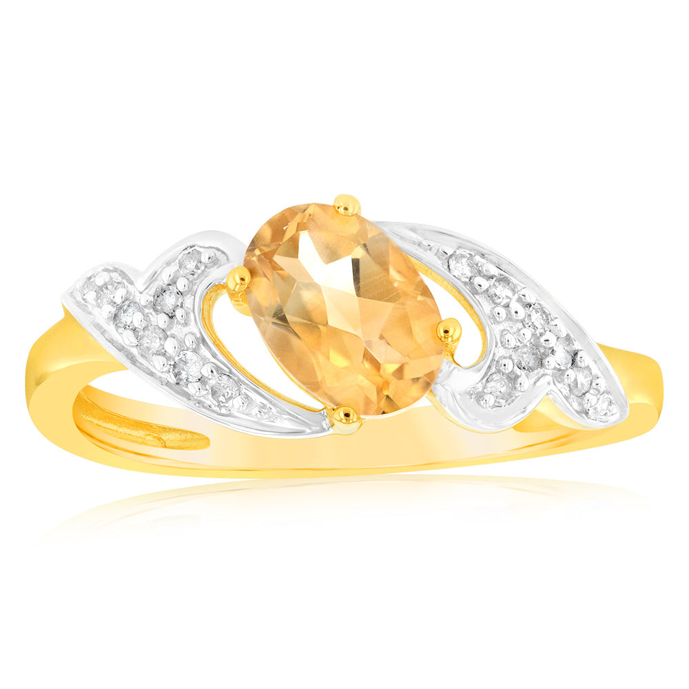 9ct Yellow & White Gold Two Tone Natural Citrine And Diamond Ring
