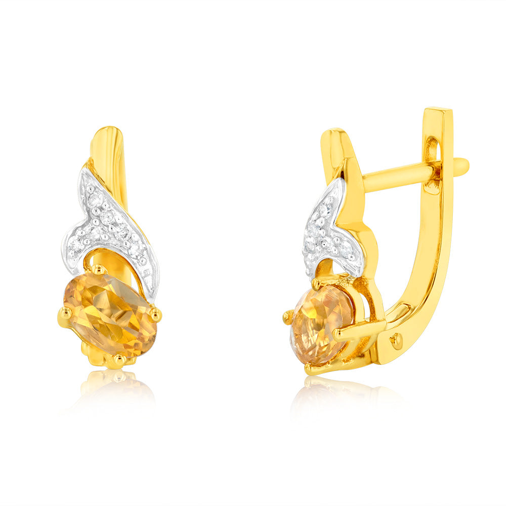 9ct Yellow & White Gold Two Tone Natural Citrine And Diamond Fancy Hoop Earrings