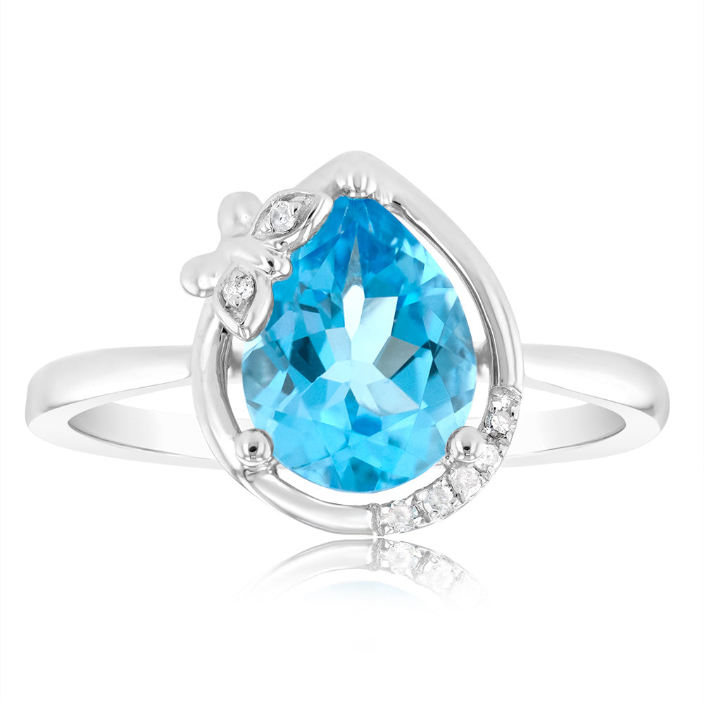 9ct White Gold Natural Blue Topaz And Diamond Ring