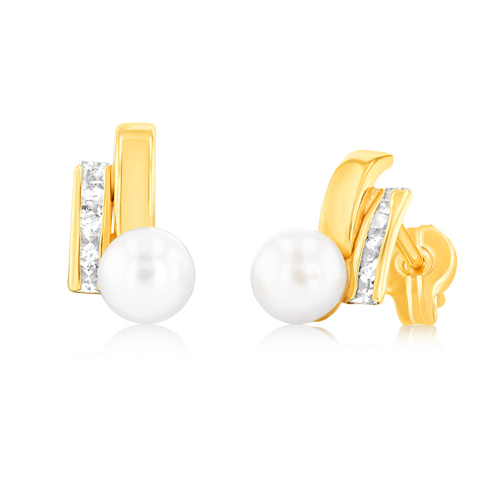 9ct Yellow Gold Zirconia And Fresh Water Pearl Two Band Stud Earrings