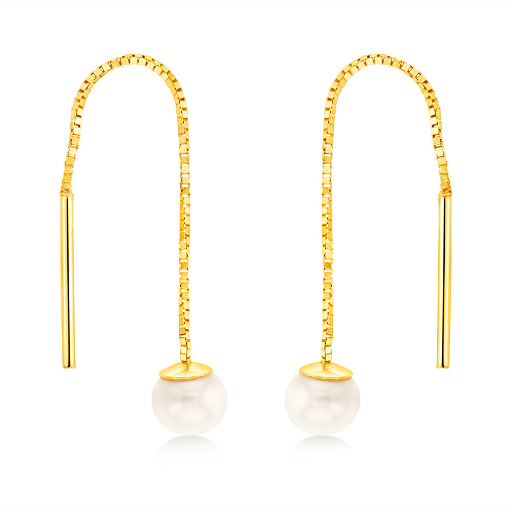 9ct Yellow Gold Fresh Water Pearl Box Chain Threader Earrings