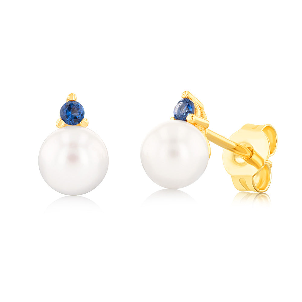 9ct Yellow Gold Sapphire Blue Zirconia And Fresh Water Pearl Stud Earrings