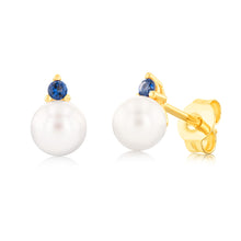Load image into Gallery viewer, 9ct Yellow Gold Sapphire Blue Zirconia And Fresh Water Pearl Stud Earrings