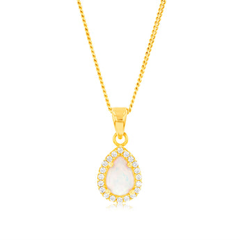 9ct Yellow Gold Teardrop Created Opal And Zirconia Pendant