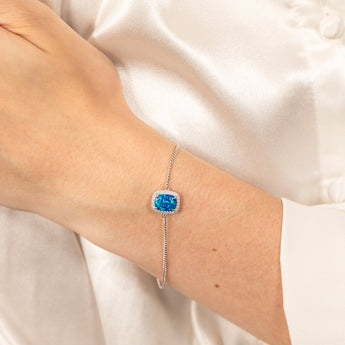 Sterling Silver Rhodium Plated Rectangle Created Blue Opal And White Zirconia 15.5+3cm Bracelet