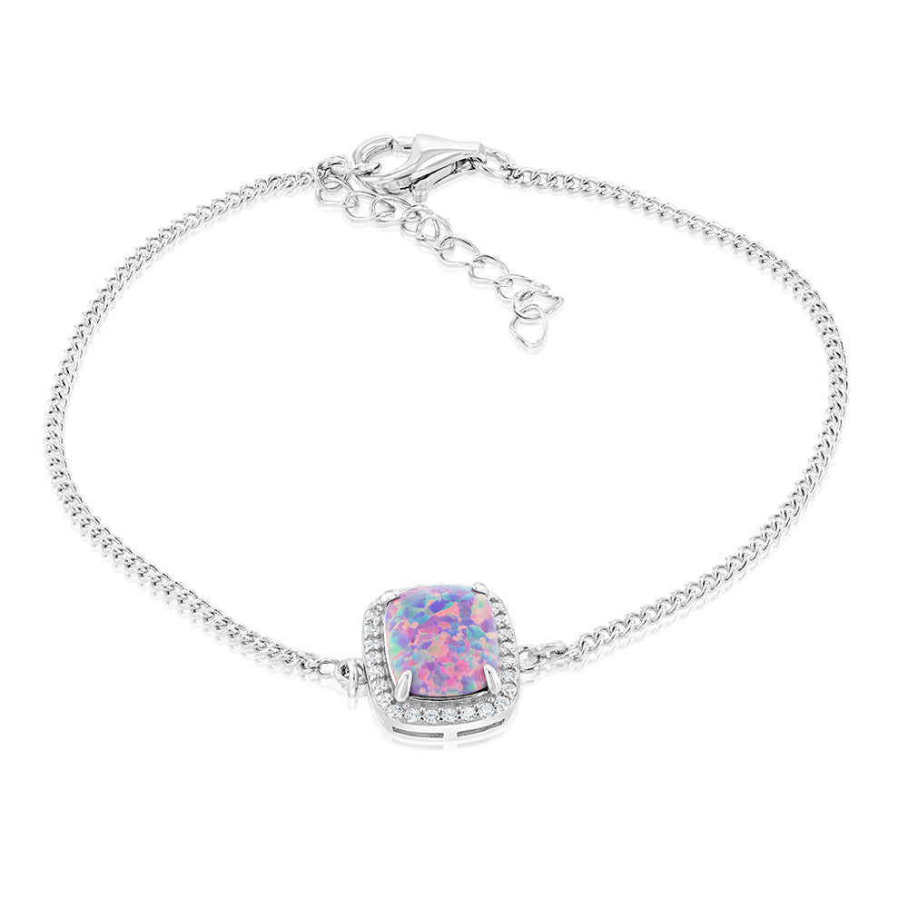 Sterling Silver Rhodium Plated Rectangle Created Purple Opal And White Zirconia 15.5+3cm Bracelet