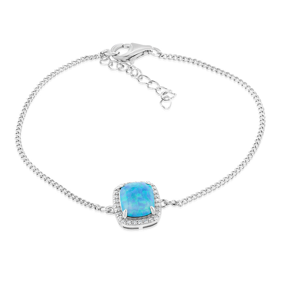 Sterling Silver Rhodium Plated Rectangle Created Turquoise Opal And White Zirconia 15.5+3cm Bracelet