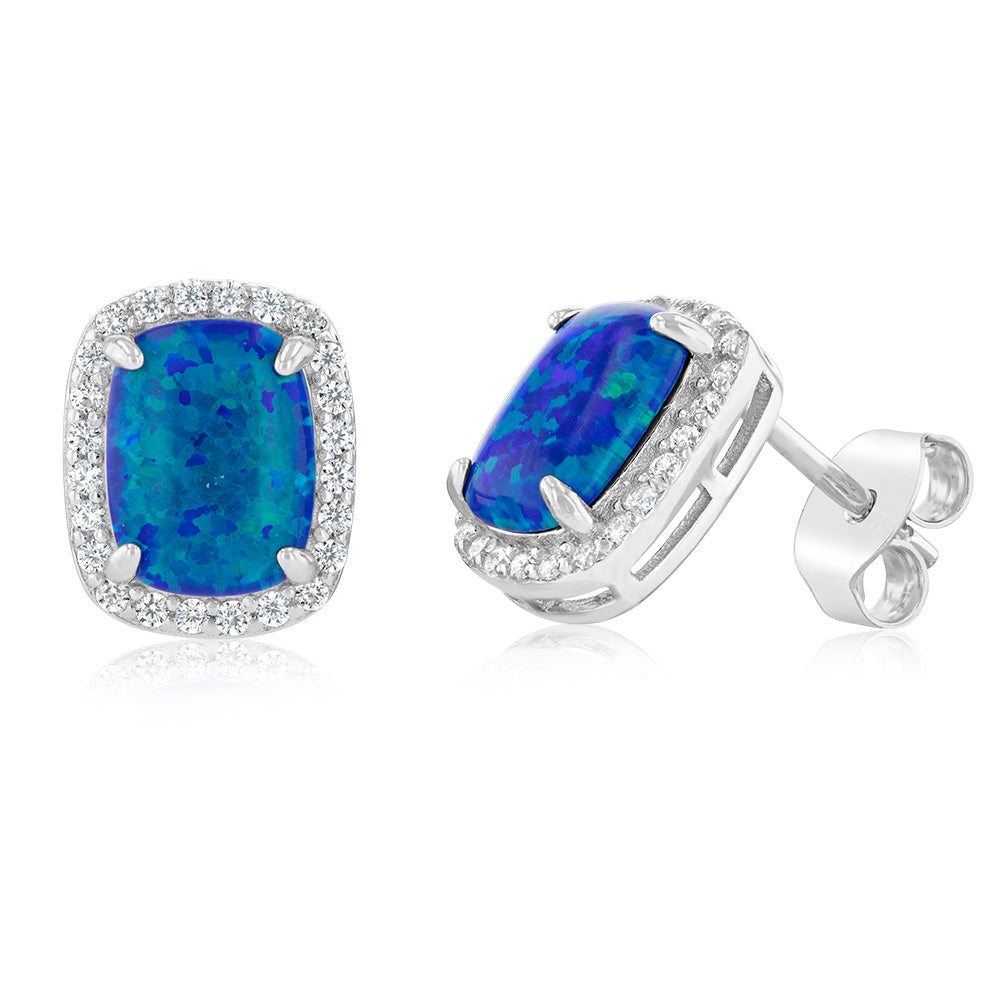 Sterling Silver Rhodium Plated Rectangle Created Blue Opal And Zirconia Stud Earrings