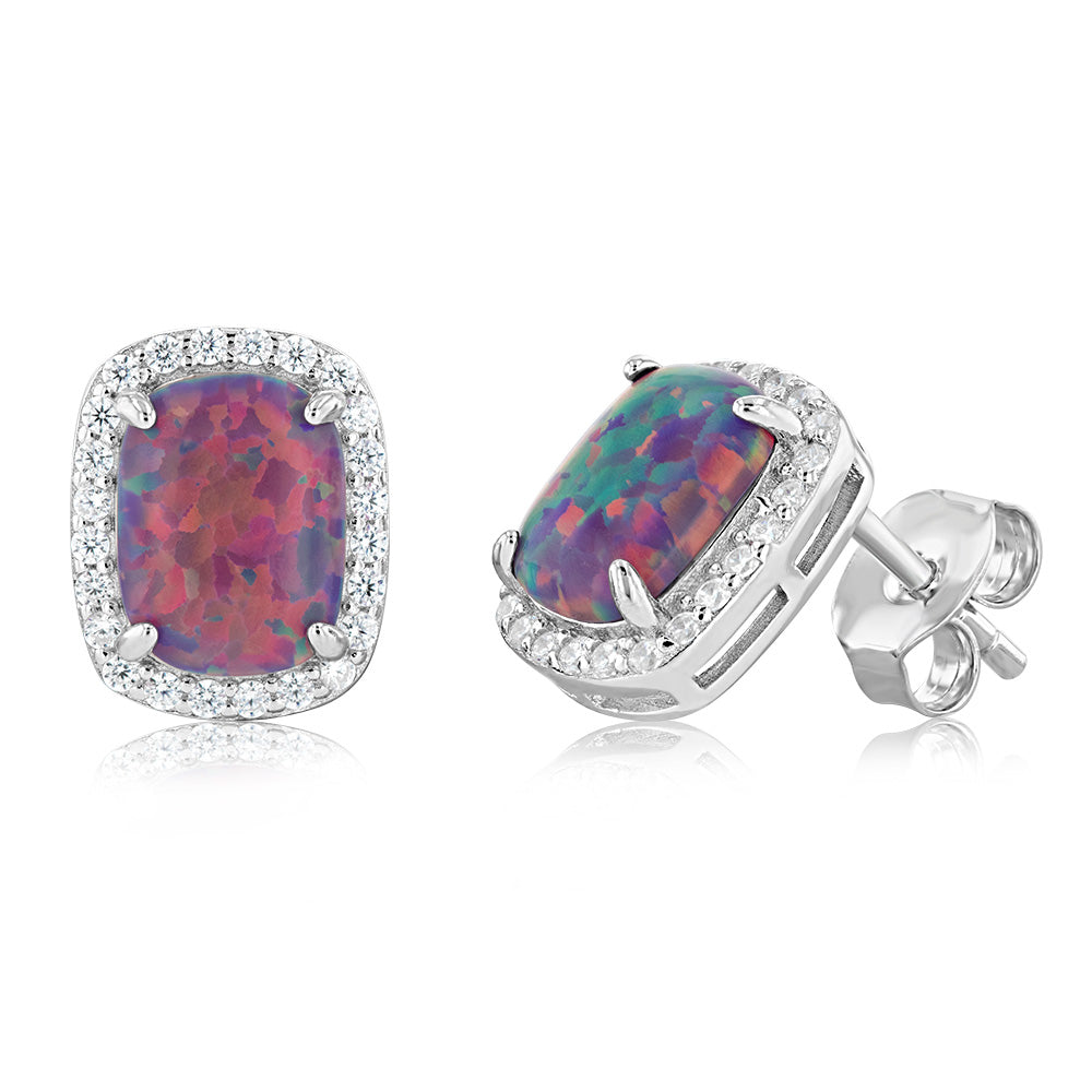 Sterling Silver Rhodium Plated Rectangle Created Purple Opal And White Zirconia Halo Stud Earrings