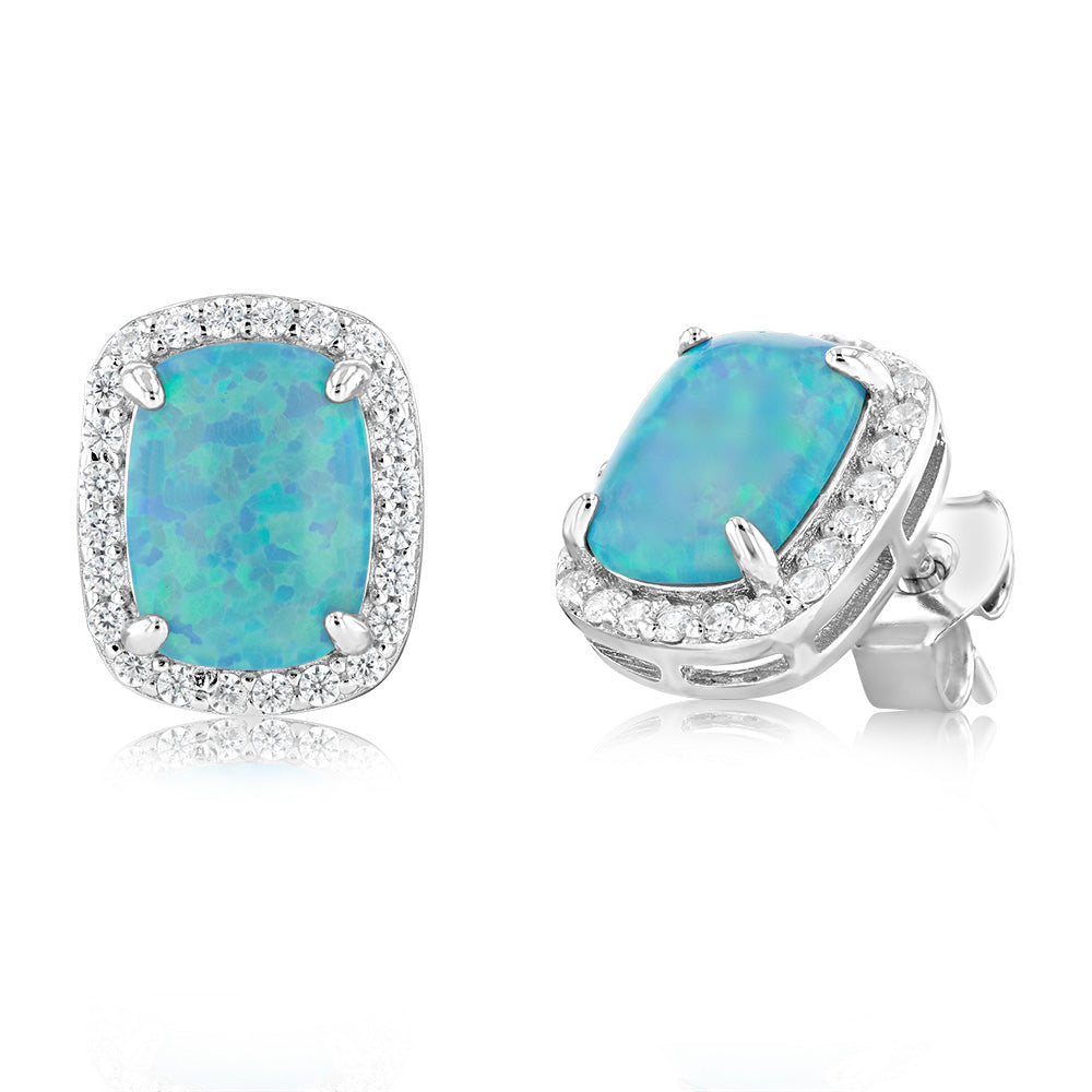 Sterling Silver Rhodium Plated Rectangle Created Turquoise Opal And White Zirconia Halo Stud Earrings