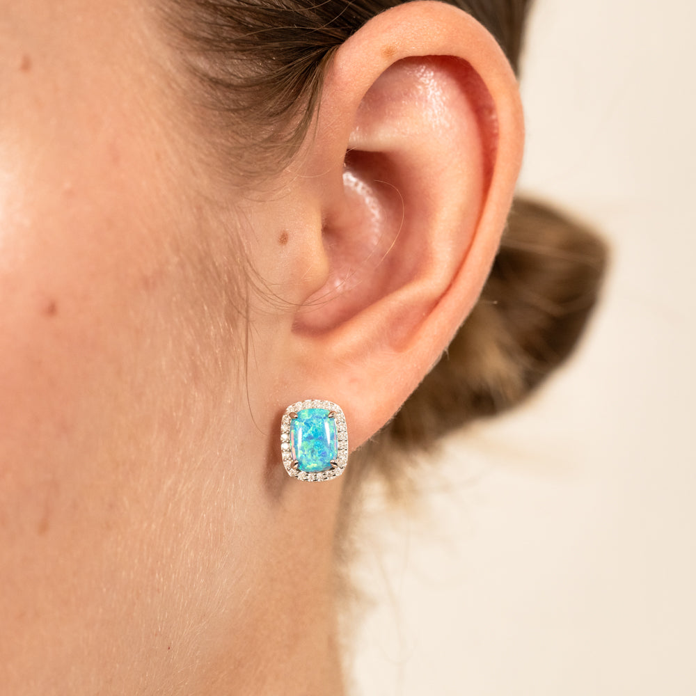 Sterling Silver Rhodium Plated Rectangle Created Turquoise Opal And White Zirconia Halo Stud Earrings