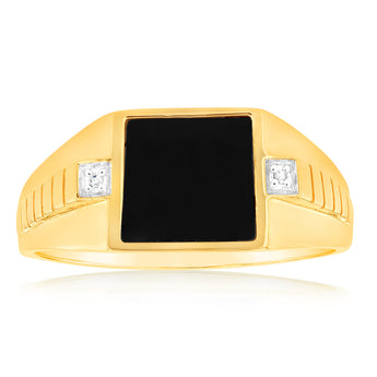 9ct yellow Gold Ring in 1Black Agate & 2Diamonds