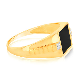 9ct yellow Gold Ring in 1Black Agate & 2Diamonds