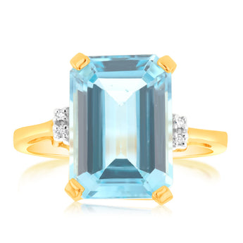 Natural Emerald Cut 14x10mm Blue Topaz & Small Diamonds in 9ct Yellow Gold
