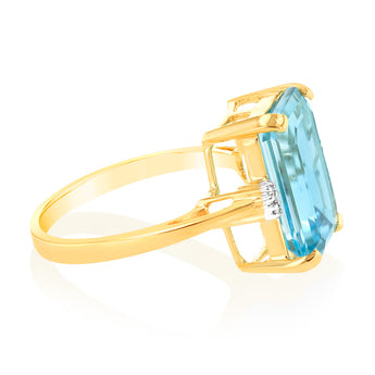 Natural Emerald Cut 14x10mm Blue Topaz & Small Diamonds in 9ct Yellow Gold