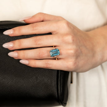 Natural Emerald Cut 14x10mm Blue Topaz & Small Diamonds in 9ct Yellow Gold