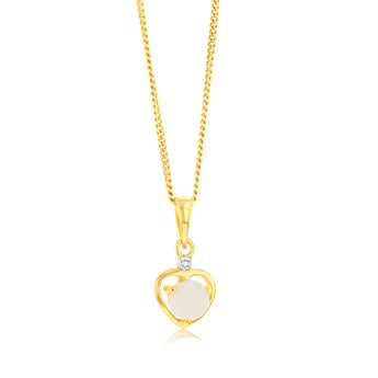 Natural Round 5mm Opal Heart Shaped Diamond Pendant in 9ct Yellow Gold