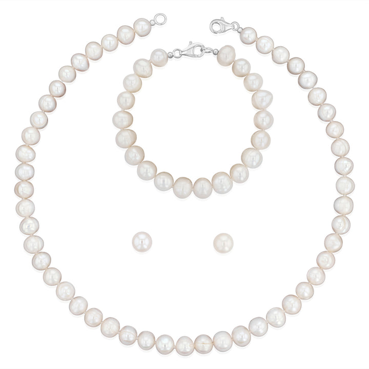 White Freshwater Pearl Bracelet, Necklace & Earring Set with Sterling Silver Clasp