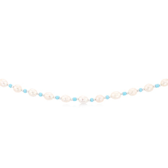 White Freshwater Pearl 42-47cm Adjustable Chain with Blue & Silver Beads in Sterling Silver