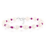 White Freshwater Pearl Bracelet with Pink & Silver Beads in Sterling Silver