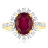 9ct Yellow Gold natural Enhanced 3 Carat Ruby Ring with 1/3 Carat of Diamonds