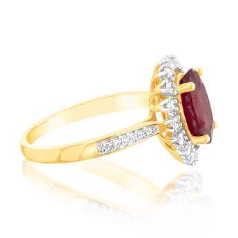 9ct Yellow Gold natural Enhanced 3 Carat Ruby Ring with 1/3 Carat of Diamonds
