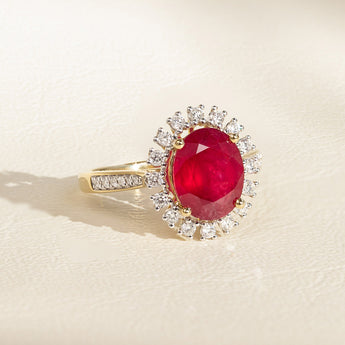 9ct Yellow Gold natural Enhanced 3 Carat Ruby Ring with 1/3 Carat of Diamonds
