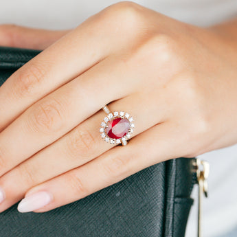 9ct Yellow Gold natural Enhanced 3 Carat Ruby Ring with 1/3 Carat of Diamonds