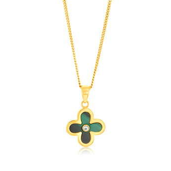 9ct Yellow Gold Natual Malachite 4 Leaf Clover Pendant