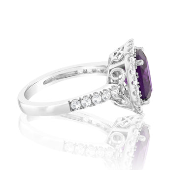 Natural Amethyst & Created White Sapphire Ring Sterling Silver