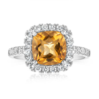 Natural Citrine & Created White Sapphire Ring Sterling Silver