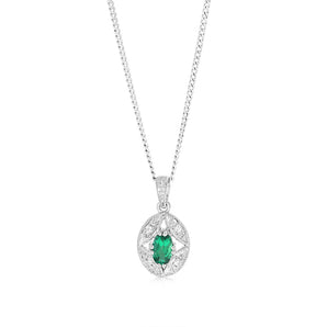 Sterling Silver 0.21Ct Created Emerald & 4 Diamonds Pendant