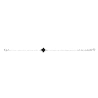 Clover Black Agate And White Cubic Zirconia 19cm Bracelet in Sterling Silver Rhodium Plated