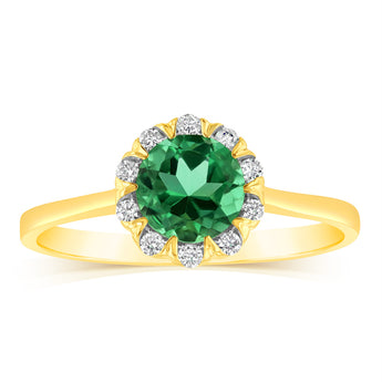 0.87 Carat Created Emerald and Diamond Ring in 9ct Yellow Gold