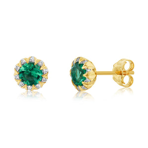 0.84 Carat Created Emerald and Diamond Stud Earrings in 9ct Yellow Gold
