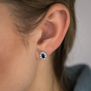 0.60 Carat Created Blue Sapphire Oval and Diamond Stud Earrings in 9ct White Gold