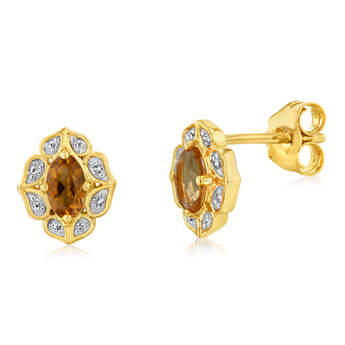 0.50 Carat Citrine Oval and Diamond Stud Earrings in 9ct Yellow Gold