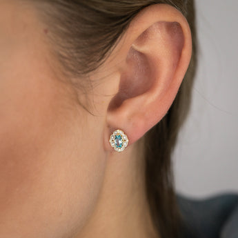 0.55 Carat Blue Topaz Oval and Diamond Earrings in 9ct Yellow Gold
