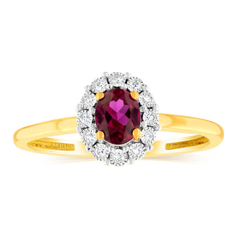 0.39 Carat Created Ruby Oval Shaped and Diamond Ring in 9ct Yellow Gold