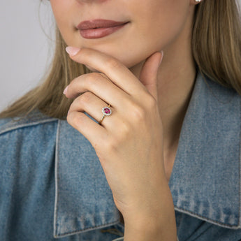 0.39 Carat Created Ruby Oval Shaped and Diamond Ring in 9ct Yellow Gold