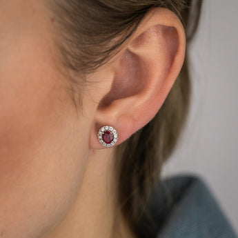 0.77 Carat Created Ruby Oval Shaped and Diamond Stud Earrings in 9ct Yellow Gold