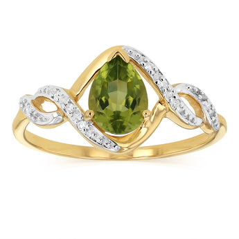 0.67 Carat Peridot Pear Shaped and Diamond Ring in 9ct Yellow Gold