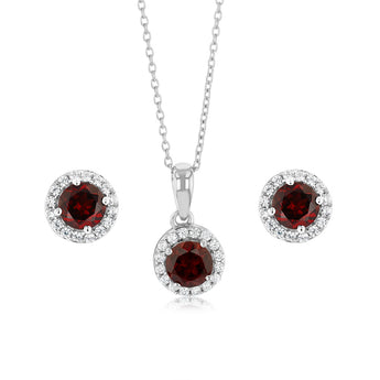 Natural Garnet and White Zirconia Earring and Pendant Set on Chain in Sterling Silver