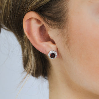 Natural Garnet and White Zirconia Earring and Pendant Set on Chain in Sterling Silver